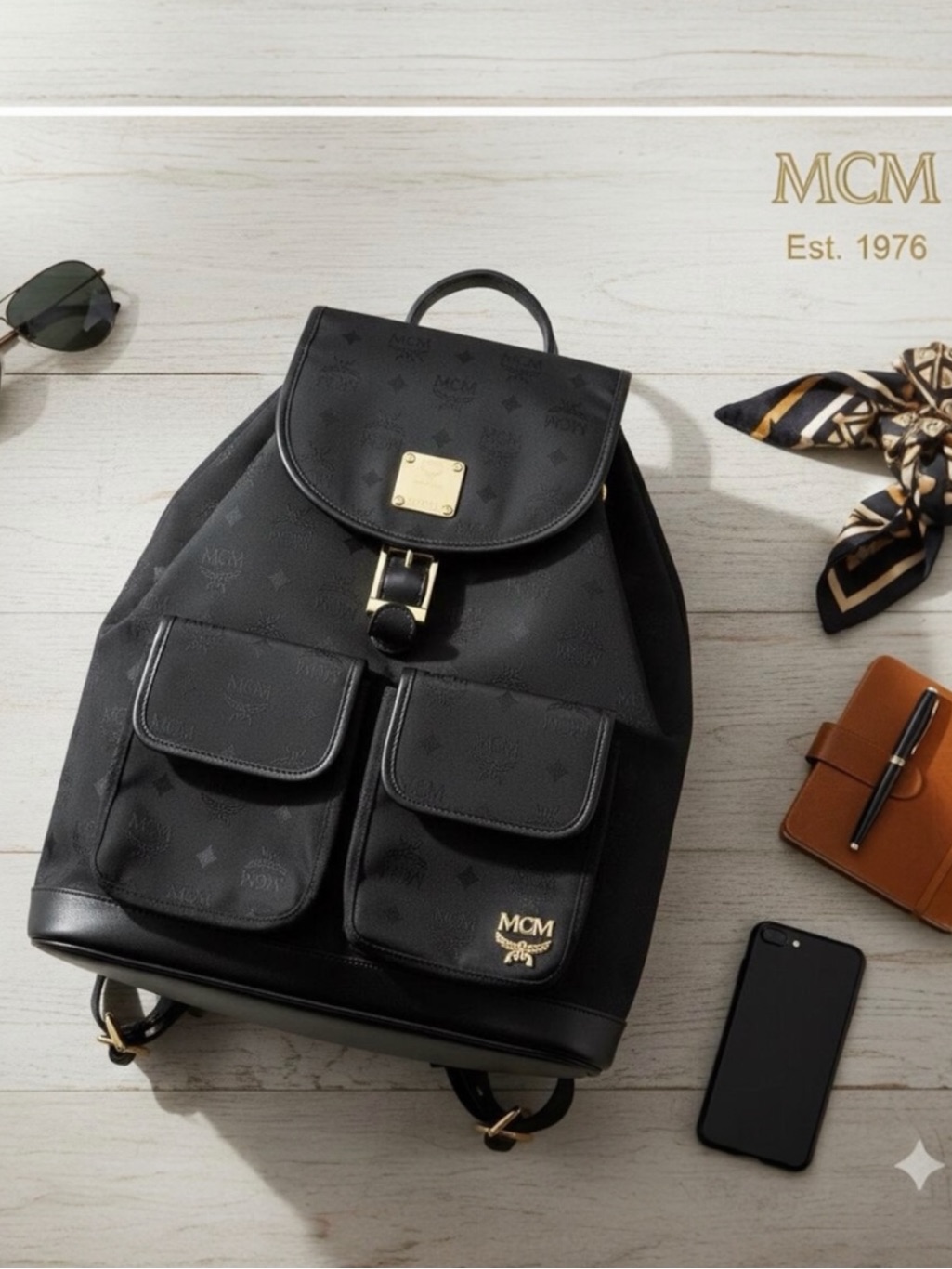 Authenticated Mcm Black Double Pocket Nylon Canvas & Leather Backpack